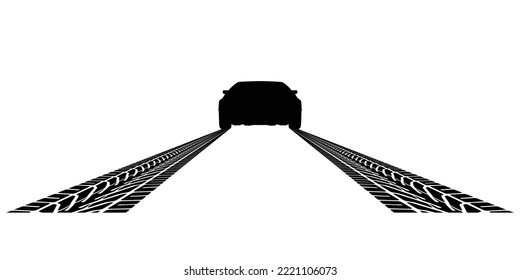 A light sports car drives away and leaves a trail of tire tread behind it. Black silhouette isolated on white background.