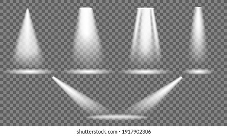 Light from spotlight on stage. Bright beam with shine for spot glow. Lamp with light on transparent background. Floodlight for studio, scene, cinema and disco. White shiny illumination. Vector.