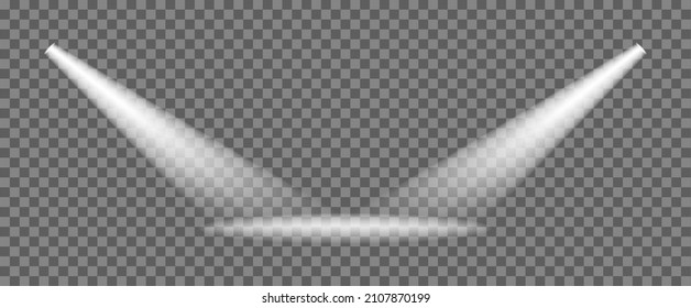 Luz de foco en el escenario. Rayo claro con brillo para el brillo spot. Lámpara con luz sobre fondo transparente. La luz de las inundaciones para estudio, escena, cine y discoteca. Iluminación brillante blanca. Vector.