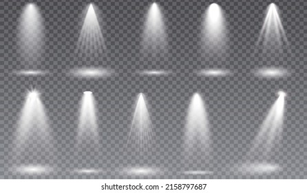 Light spotlight stage beam, spot lamp projection studio lights beam concert club show scene, illumination vector collection,Vector spotlight, Bright light beam. Transparent realistic effect