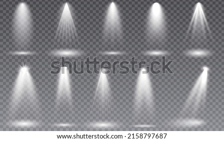 Light spotlight stage beam, spot lamp projection studio lights beam concert club show scene, illumination vector collection,Vector spotlight, Bright light beam. Transparent realistic effect