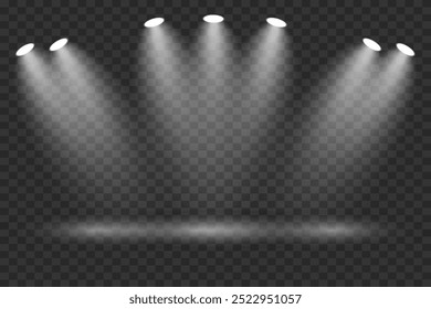 Light spotlights on a transparent background. Stage lighting effect.