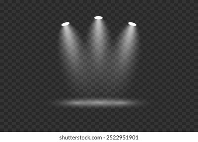 Focos de luz sobre un fondo transparente. Efecto de iluminación de escenario.