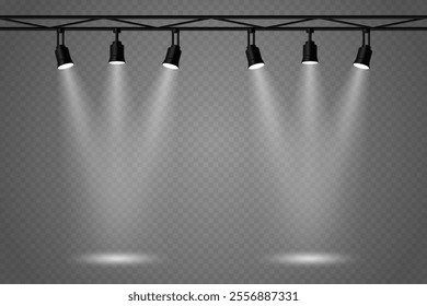 Light spotlights on a transparent background. Stage lighting effect.