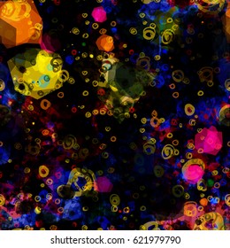 Light spots and hand drawn circles on dark background. Seamless texture. Abstract vector background for fabric, wrapping