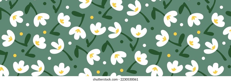 Light spring pattern with snowdrops and dots on a green background. Stylish ornament for printing on textiles and paper. Gift packaging for holidays, textiles for the manufacture.