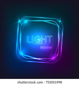 Light square banner. Square frame with glowing and lights. Bright banner design on dark backdrop. Neon abstract background with flares and sparkles.