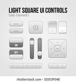 Benutzeroberflächen-Steuerelemente für leichte Square: Tasten, Switches, Ein, Aus, Player, Audio, Video: Play, Stopp, Next, Pause, Volume, Equalizer, Pfeile