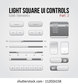 Light Square UI Controls Web Elements Part 2: Buttons, Switchers, On, Off, Player, Play List, Slider, Audio, Video: Play, Stop, Next, Pause, Volume, Equalizer, Arrows