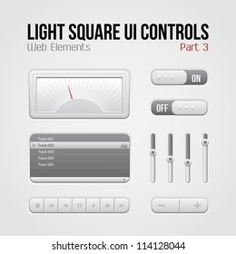 Light Square UI Controls Web Elements Part 3: Buttons, Switchers, On, Off, Player, Play List, Slider, Audio, Video: Play, Stop, Next, Pause, Volume, Equalizer, Speed Indicator, Speedometer