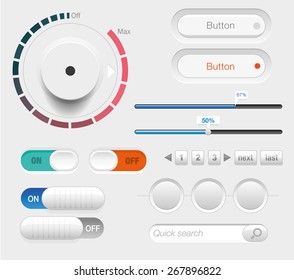 Light Square UI Controls Web Elements Part 3: Buttons, Switchers, On, Off, Slider, Volume, Search and Loading Bar