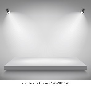 Light stage platform with spotlights, Product presentation podium illuminated with light, empty space, white pedestal, blank template mockup. vector