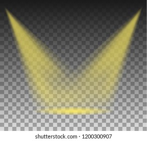 Light stage rays isolated on transparent background. Vector yellow scene spotlights glow. Shine vertical projector light beam effect template.