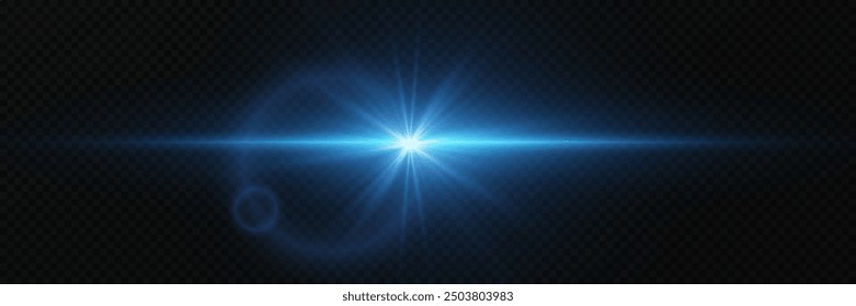 Light star blue png.  Light flash of blue color.Sun rays with glare.Bright beautiful star.Vector.