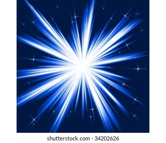 Light, star burst; stylized fireworks from white to dark blue with little stars. Burst controlled by one linear gradient. Use of 8 global colors.