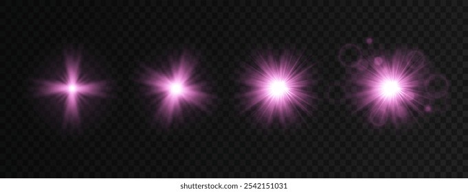 Light star, pink color. Light sunny gold. Light flash of purple color. Vector illustrator. lighting effects. Beam from a spotlight and a star. Glowing abstract isolated lenses with light effects. Lens