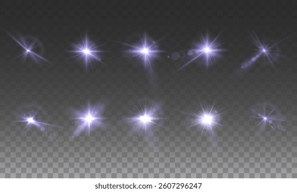 Light star, pink color. Light sunny gold. Light flash of purple color. Vector illustrator. lighting effects. Beam from a spotlight and a star. Glowing abstract isolated lenses with light effects. Lens