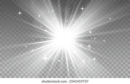 Light star, white. Light sunny gold. White light flash. Vector illustrator. lighting effects. Beam from a spotlight and a star with bokeh and dust. Glowing abstract isolated lenses with light effects.