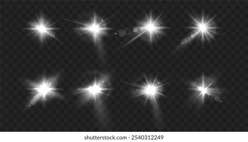 Light star, white. Light sunny sparkle. White light flash. Vector illustrator. lighting effects. Beam a spotlight and a star with bokeh and dust. Glowing abstract isolated lenses with light effects.