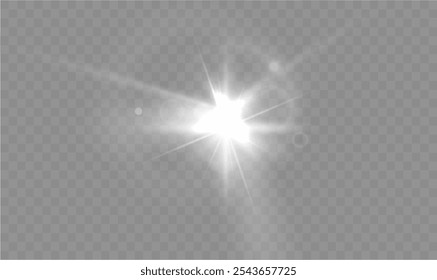 Light star, white. Light sunny sparkle. White light flash. Vector illustrator. lighting effects. Beam a spotlight and a star with bokeh and dust. Glowing abstract isolated lenses with light effects.