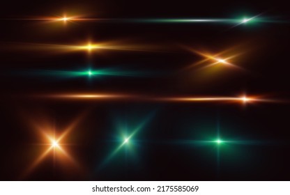 Light and stars shine golden white or green neon lens flare effect. Vector isolated design elements EPS10