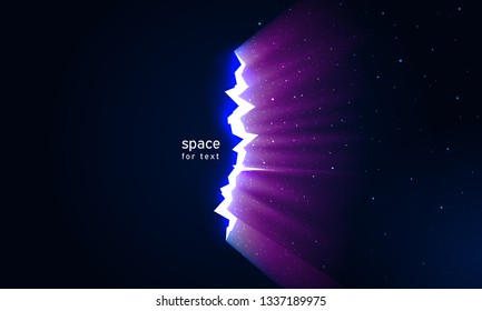 Light and stars in space from cracks in surface. Dark broken wall glow portal into space. Dark universe with crack continuum for impressive design. Vector illustration, background for text