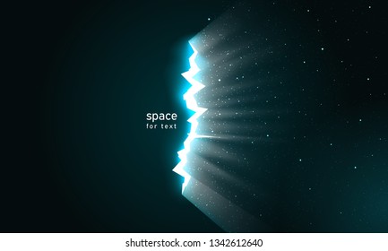 Light and stars in space from cracks in surface. Dark broken wall glow portal into space. Dark universe with crack continuum for impressive design. Vector illustration, background for text