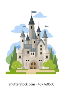 Light stone castle among the trees.  Vector flat illustration.