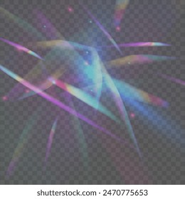 Diseños de patrones de superposición de rayas ligeras. Establecer efecto de reflexión de destellos de luz de cristal de arco iris. Elementos de refracción transparentes. Ilustración vectorial.