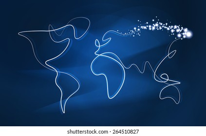 Light streak world map. Abstract line drawing of the world with glow effect on soft blue background.