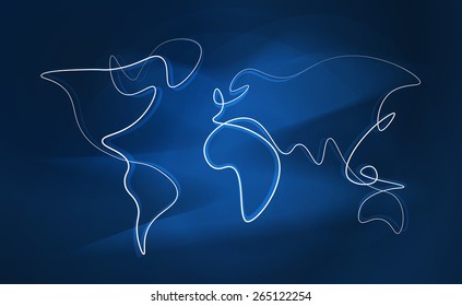 Light Streak World Map. Abstract Line Drawing Of The World On Soft Blue Background.