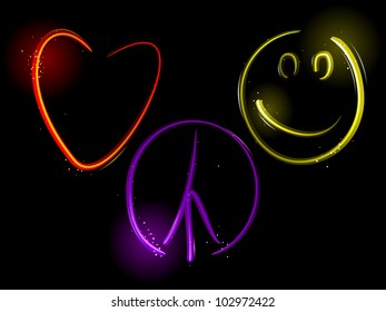 Light streaks form a heart, peace sign and smiley face