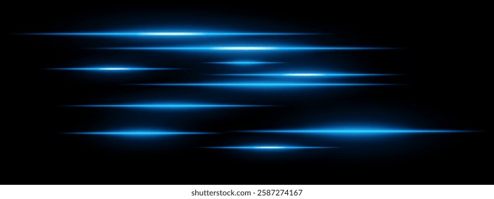 Light streaks set . Blue glowing speed lines on a black background. Futuristic motion blur effect, neon digital trails, sci-fi energy beams, and high-speed acceleration concept.