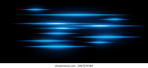 Light streaks set . Blue glowing speed lines on a black background. Futuristic motion blur effect, neon digital trails, sci-fi energy beams, and high-speed acceleration concept.
