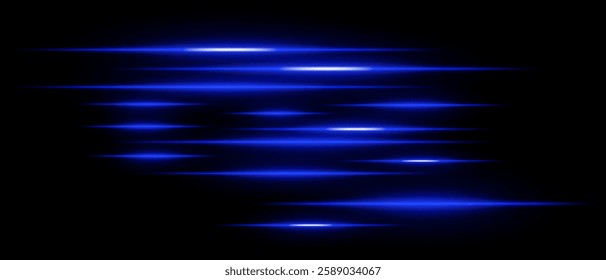 Light streaks set . Blue glowing speed lines on a black background. Futuristic motion blur effect, digital neon trails, sci-fi energy beams, and high-speed dynamic concept.