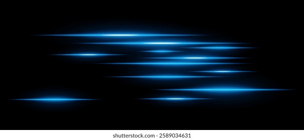 Light streaks set . Blue glowing speed lines on a black background. Futuristic motion blur effect, digital neon trails, sci-fi energy beams, and high-speed dynamic concept.