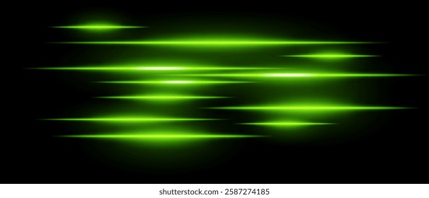 Light streaks set . Green glowing speed lines on a black background. Futuristic motion blur effect, neon digital trails, sci-fi energy beams, and high-speed acceleration concept.