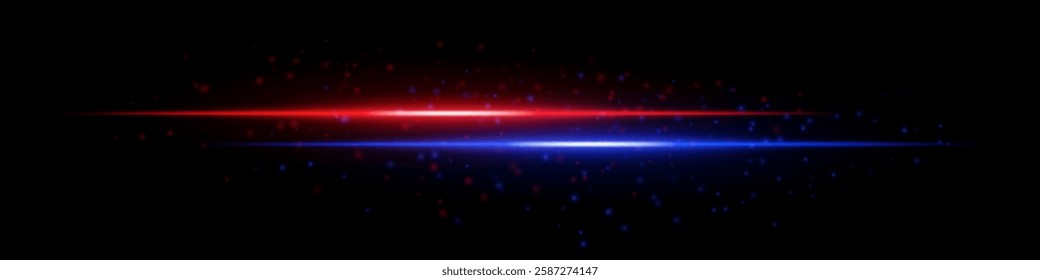 Light streaks set icon. Red and blue glowing neon beams with floating particles on a black background. Futuristic sci-fi speed effect and high-tech motion glow