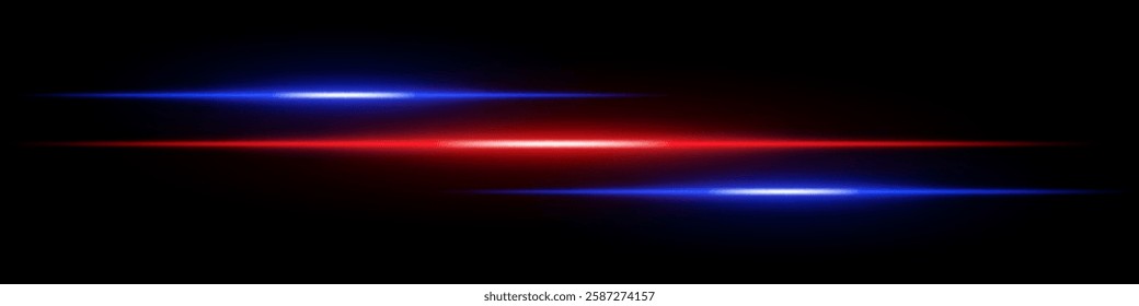 Light streaks set icon. Red and blue horizontal neon speed lines on a dark background. Sci-fi motion blur, digital acceleration, and futuristic glow.