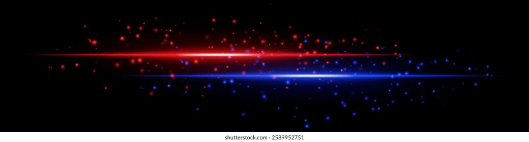 Light streaks set icon. Red and blue glowing speed lines with scattered particles on a dark background. High-tech motion blur and futuristic energy beams