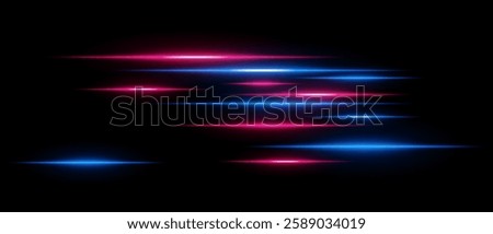 Light streaks set . Pink and blue glowing speed lines on a black background. Futuristic motion blur effect, digital neon trails, sci-fi energy beams, and high-speed dynamic concept.