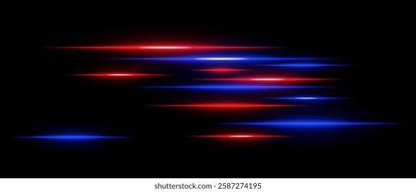 Light streaks set. Red and blue glowing speed lines on a black background. Futuristic neon motion effect, digital light trails, sci-fi energy beams, and high-tech speed concept.