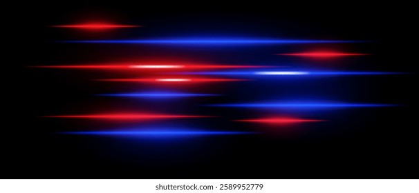 Light streaks set. Red and blue glowing speed lines on a black background. Futuristic neon motion blur effect, digital energy beams, sci-fi cyber speed, and high-tech acceleration concept.