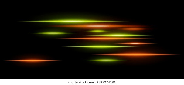 Light streaks set . Red and yellow glowing speed lines on a black background. Futuristic motion blur effect, digital neon trails, sci-fi energy beams, and high-speed dynamic concept.