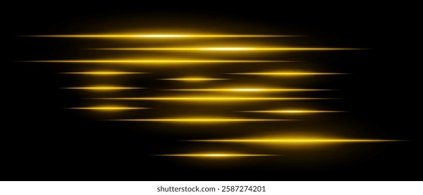 Light streaks set . Yellow glowing speed lines on a black background. Futuristic motion blur effect, digital neon trails, sci-fi energy beams, and high-speed dynamic concept.