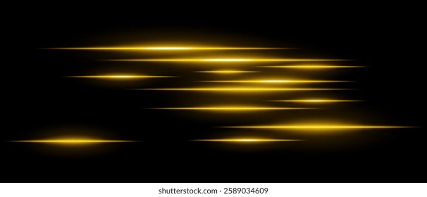 Light streaks set . Yellow glowing speed lines on a black background. Futuristic motion blur effect, digital neon trails, sci-fi energy beams, and high-speed dynamic concept.