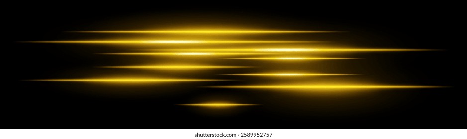 Light streaks set . Yellow glowing speed lines on a black background. Futuristic motion blur effect, neon digital trails, sci-fi energy beams, and high-speed acceleration concept.