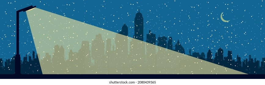 Light from a street lamp on the background of a snowy city. City night street light and place for text area. Template for your project.
Vector illustration