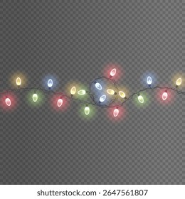 Light string png. Fairy light garland with glowing bulbs for holiday decor. Xmas banner background element. Bright festive ribbon vector. Glowing led isolated border for party illustration.