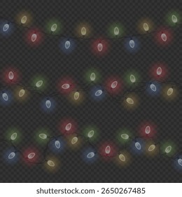 Light string png. Fairy light garland with glowing bulbs for holiday decor. Xmas banner background element. Bright festive ribbon vector. Glowing led isolated border for party illustration.